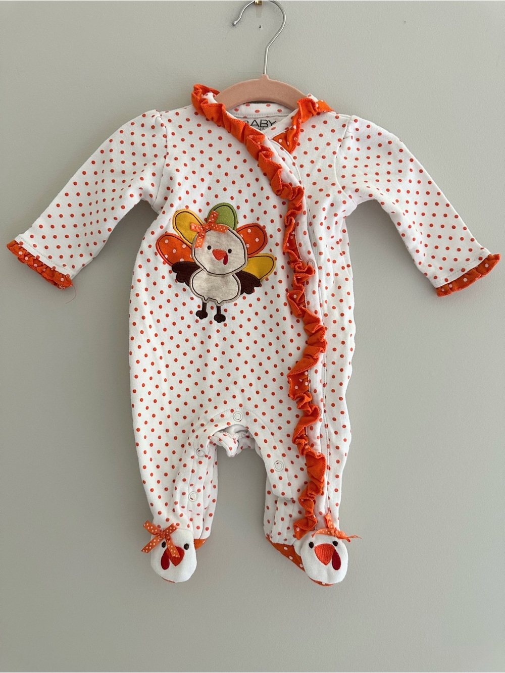 Baby Essentials Thanksgiving Turkey Footed Sleeper Romper, Size 3M, White Orange